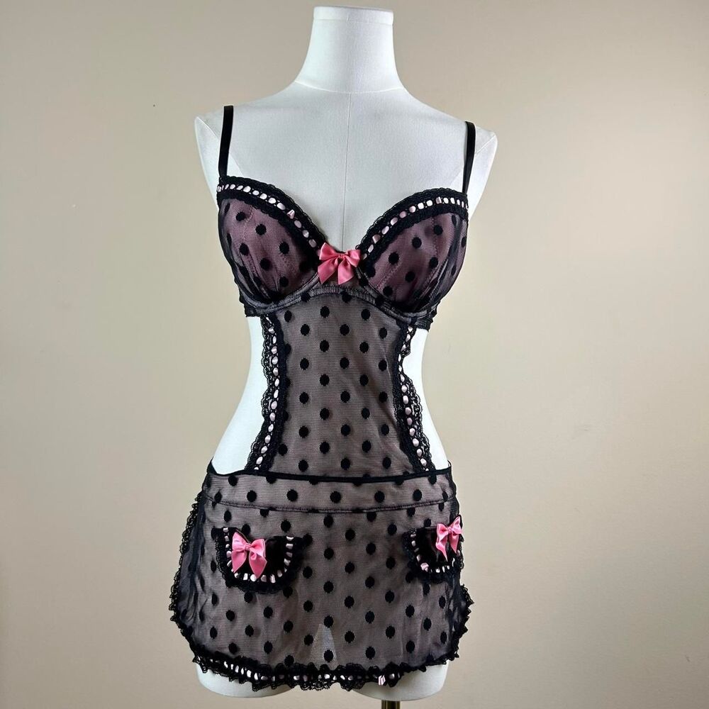 Sexy Little Things Coquette Black and Pink Polka Dot Maid Slip